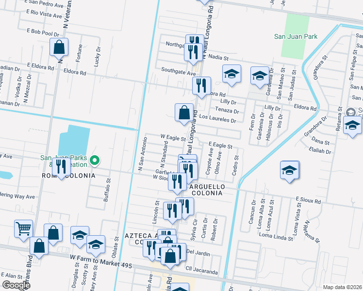map of restaurants, bars, coffee shops, grocery stores, and more near 2400 North Raul Longoria Road in San Juan