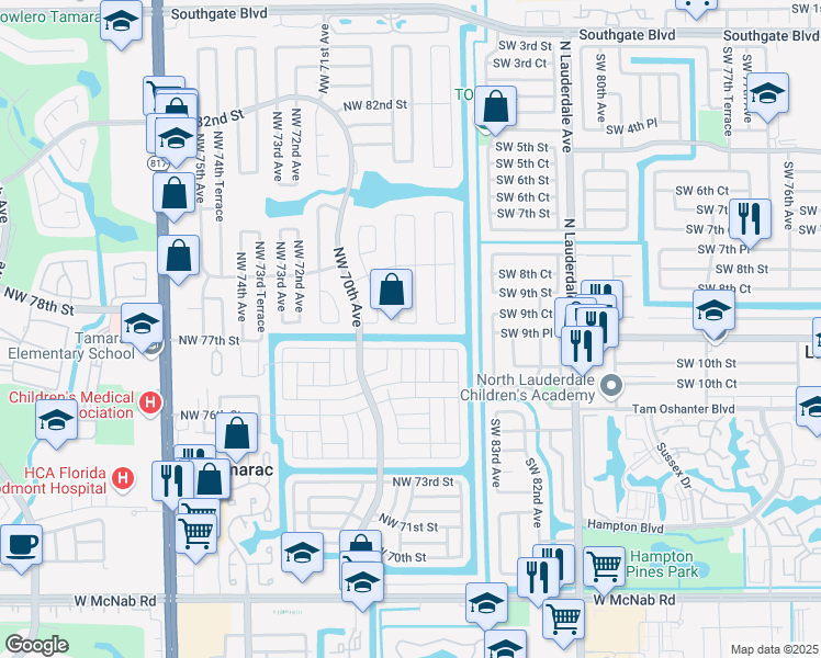 map of restaurants, bars, coffee shops, grocery stores, and more near 7804 Northwest 68th Avenue in Tamarac
