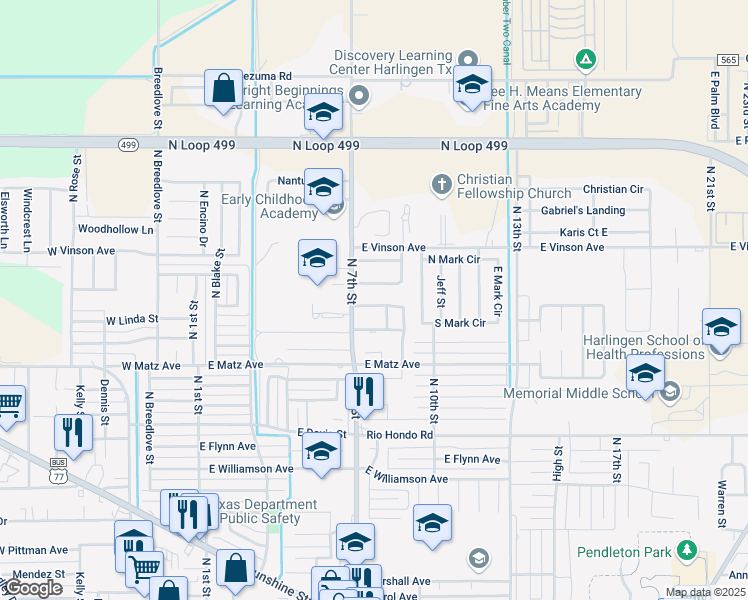 map of restaurants, bars, coffee shops, grocery stores, and more near 701 Country Dr N in Harlingen