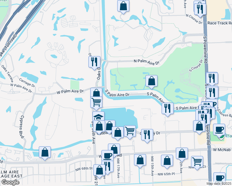 map of restaurants, bars, coffee shops, grocery stores, and more near 3351 South Palm Aire Drive in Pompano Beach