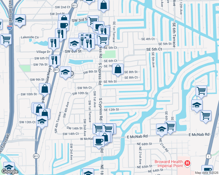 map of restaurants, bars, coffee shops, grocery stores, and more near 130 Southeast 9th Street in Pompano Beach