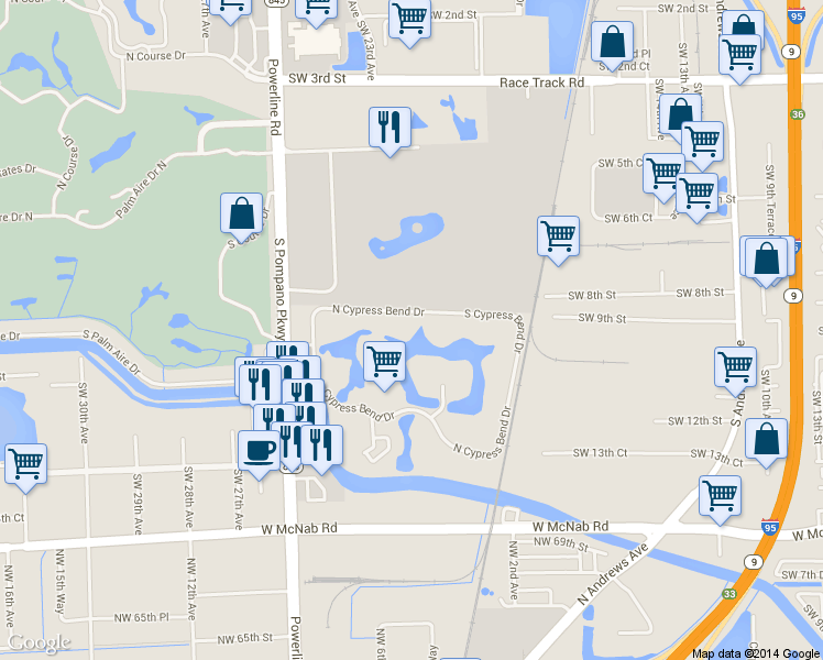 map of restaurants, bars, coffee shops, grocery stores, and more near 2228 North Cypress Bend Drive in Pompano Beach