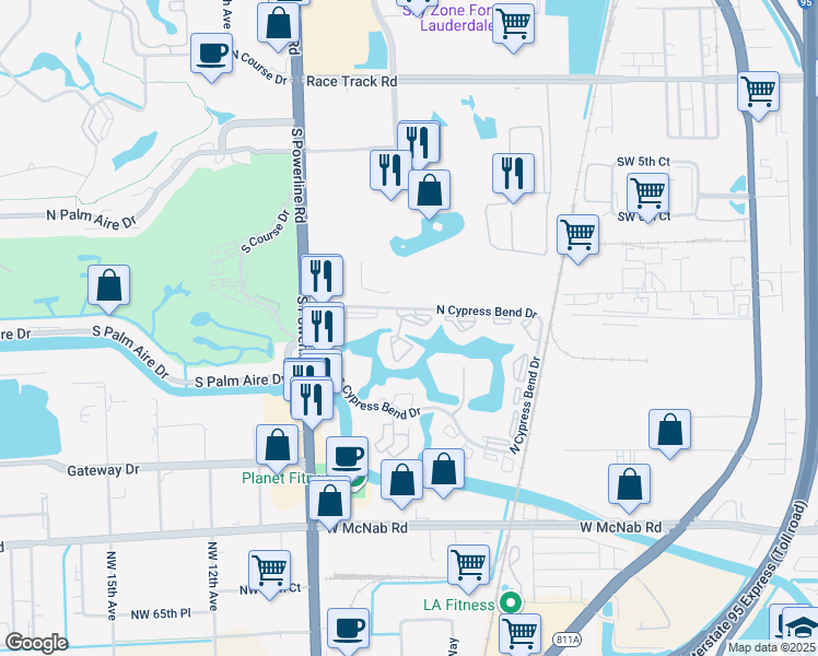 map of restaurants, bars, coffee shops, grocery stores, and more near 2230 South Cypress Bend Drive in Pompano Beach