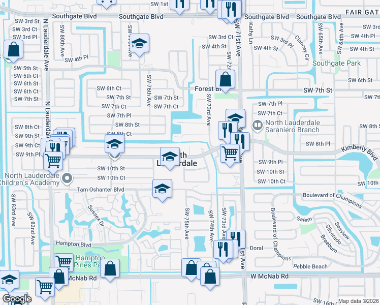 map of restaurants, bars, coffee shops, grocery stores, and more near 830 Southwest 74th Terrace in North Lauderdale