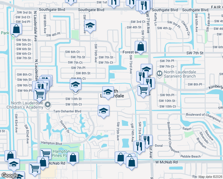 map of restaurants, bars, coffee shops, grocery stores, and more near 7414 Southwest 8th Court in North Lauderdale