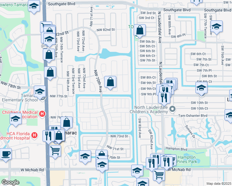 map of restaurants, bars, coffee shops, grocery stores, and more near 7804 Northwest 68th Avenue in Tamarac