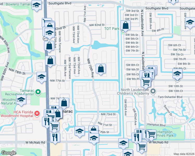 map of restaurants, bars, coffee shops, grocery stores, and more near 7806 Northwest 69th Terrace in Tamarac