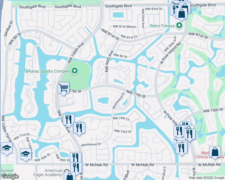 map of restaurants, bars, coffee shops, grocery stores, and more near 9525 Weldon Circle in Tamarac