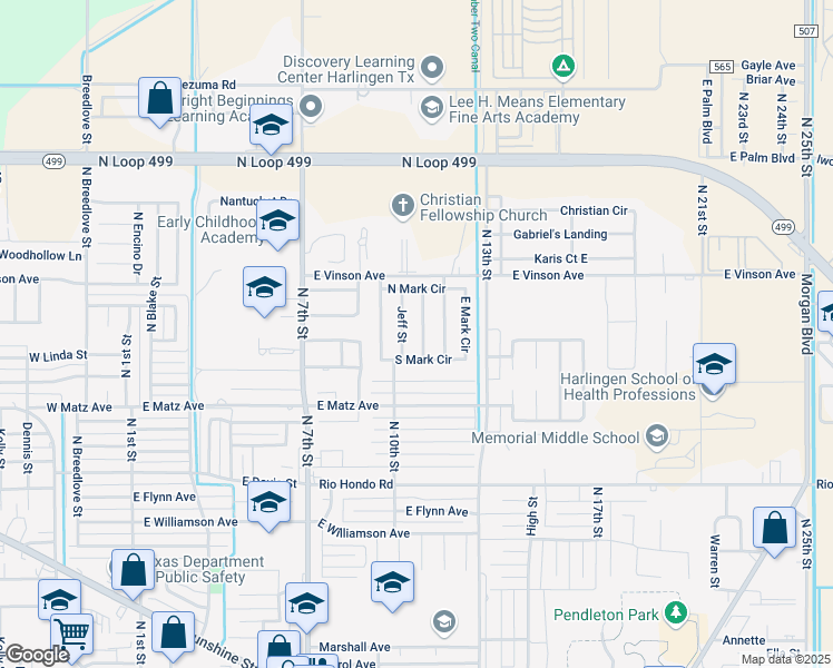 map of restaurants, bars, coffee shops, grocery stores, and more near 2614 Lou Ann Lane in Harlingen