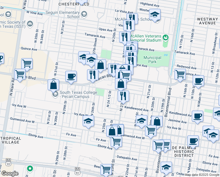 map of restaurants, bars, coffee shops, grocery stores, and more near 2509 Pecan Boulevard in McAllen