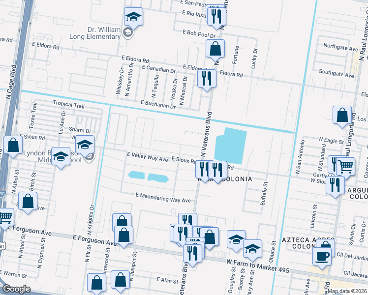 map of restaurants, bars, coffee shops, grocery stores, and more near 118 Every Way in Pharr