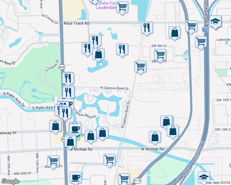 map of restaurants, bars, coffee shops, grocery stores, and more near 2220 North Cypress Bend Drive in Pompano Beach