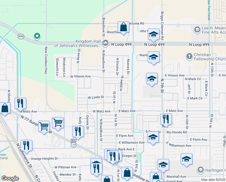 map of restaurants, bars, coffee shops, grocery stores, and more near 2618 East Euna Court in Harlingen