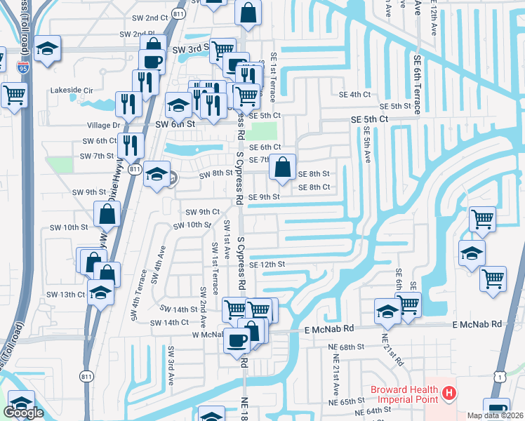 map of restaurants, bars, coffee shops, grocery stores, and more near 130 Southeast 9th Street in Pompano Beach