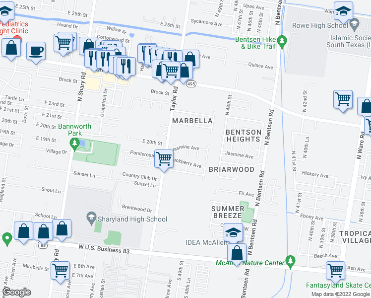 map of restaurants, bars, coffee shops, grocery stores, and more near 917 North 51st Street in McAllen