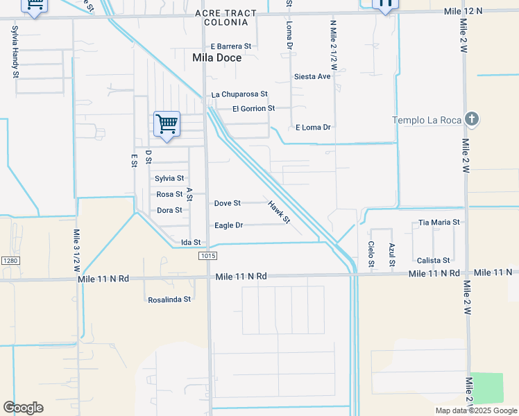 map of restaurants, bars, coffee shops, grocery stores, and more near 3601 Dove Street in Mercedes