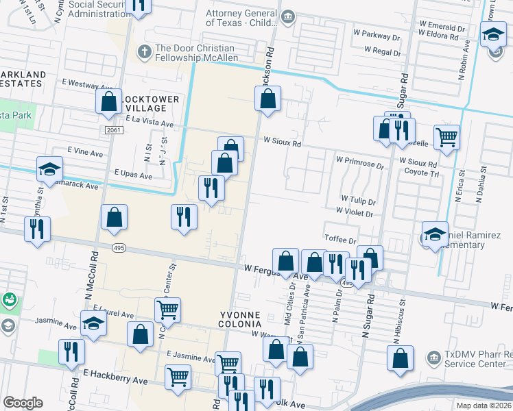 map of restaurants, bars, coffee shops, grocery stores, and more near 2210 North Jackson Road in Pharr