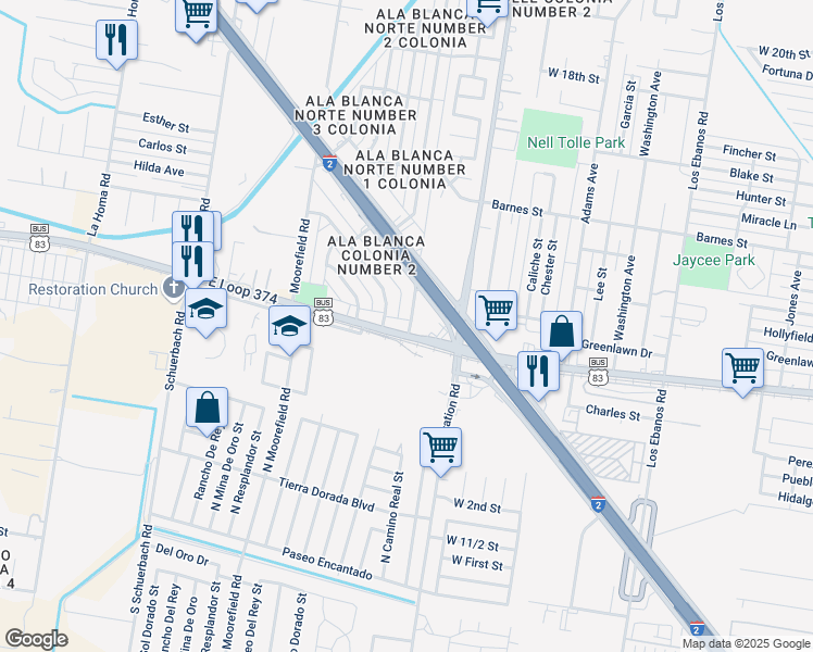 map of restaurants, bars, coffee shops, grocery stores, and more near 905 Frontage Road in Mission