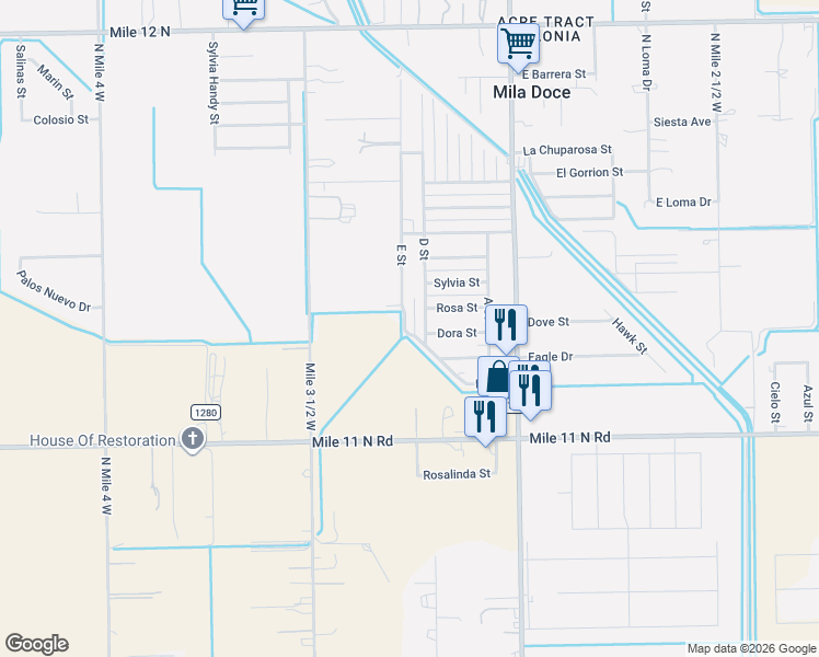 map of restaurants, bars, coffee shops, grocery stores, and more near 6115 D Street in Mercedes