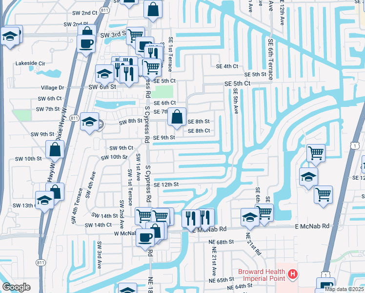 map of restaurants, bars, coffee shops, grocery stores, and more near 231 Southeast 9th Court in Pompano Beach