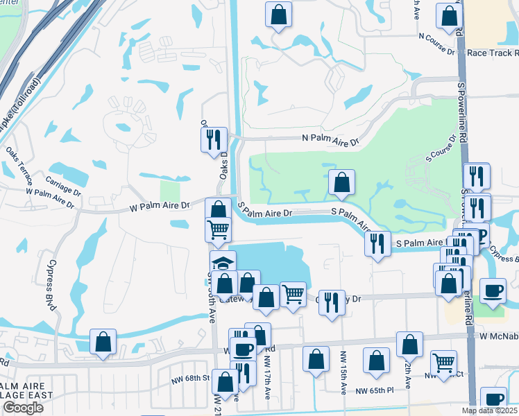map of restaurants, bars, coffee shops, grocery stores, and more near 3351 South Palm Aire Drive in Pompano Beach