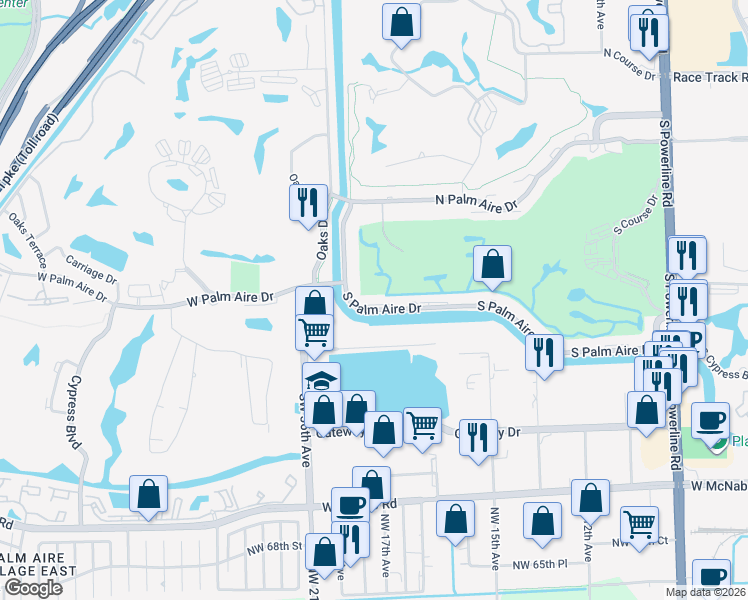 map of restaurants, bars, coffee shops, grocery stores, and more near 3351 South Palm Aire Drive in Pompano Beach