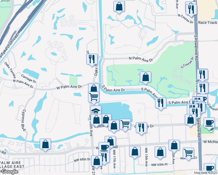 map of restaurants, bars, coffee shops, grocery stores, and more near 3351 South Palm Aire Drive in Pompano Beach