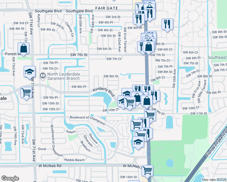 map of restaurants, bars, coffee shops, grocery stores, and more near 6260 Southwest 8th Place in North Lauderdale