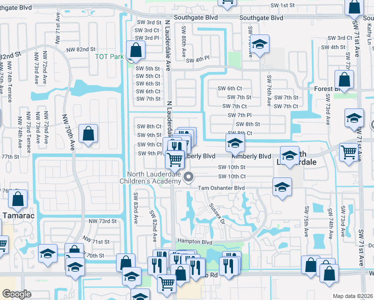 map of restaurants, bars, coffee shops, grocery stores, and more near 7933 Southwest 9th Street in North Lauderdale