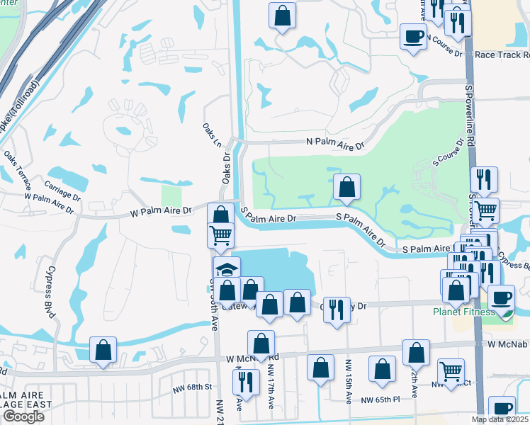 map of restaurants, bars, coffee shops, grocery stores, and more near 3351 South Palm Aire Drive in Pompano Beach