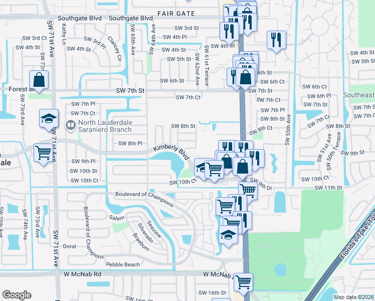 map of restaurants, bars, coffee shops, grocery stores, and more near 6260 Southwest 8th Place in North Lauderdale