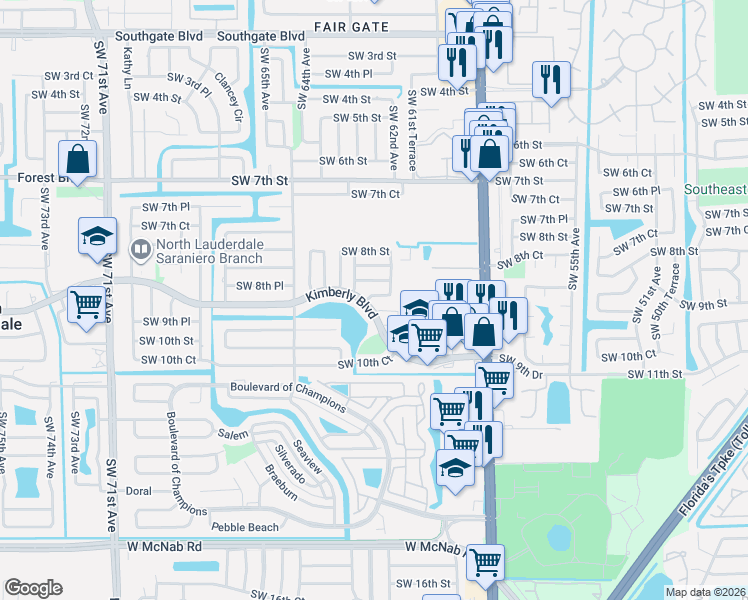 map of restaurants, bars, coffee shops, grocery stores, and more near 6260 Southwest 8th Place in North Lauderdale