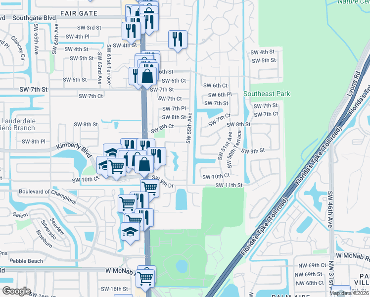 map of restaurants, bars, coffee shops, grocery stores, and more near 880 Southwest 55th Avenue in Margate