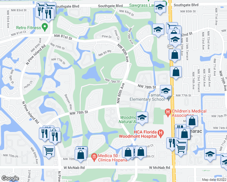 map of restaurants, bars, coffee shops, grocery stores, and more near 7801 Northwest 80th Avenue in Tamarac