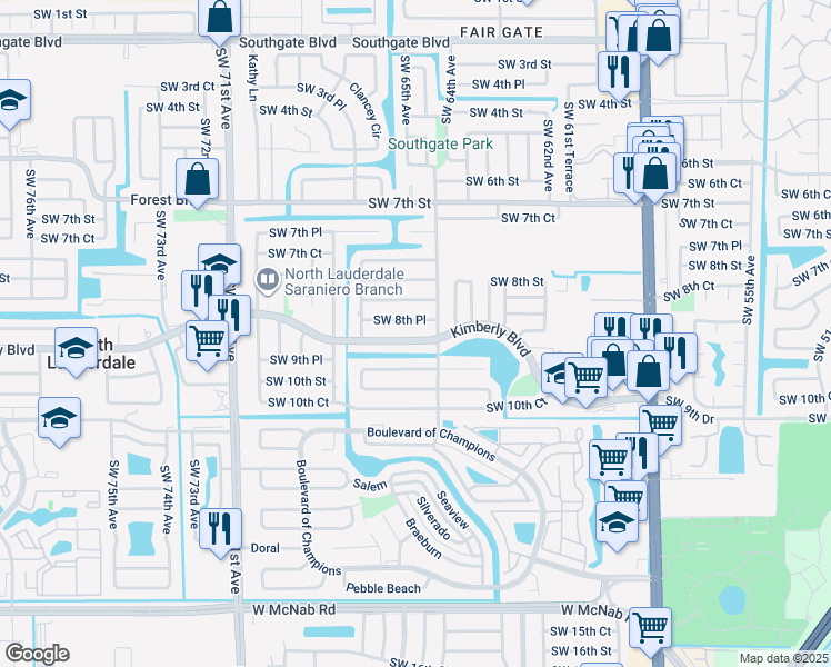 map of restaurants, bars, coffee shops, grocery stores, and more near 6515 Southwest 8th Place in North Lauderdale