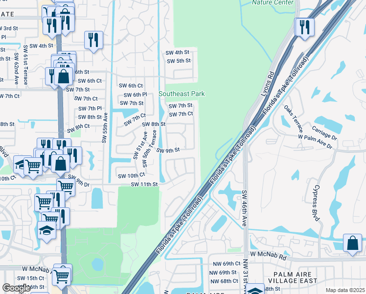 map of restaurants, bars, coffee shops, grocery stores, and more near 851 Southwest 49th Way in Margate