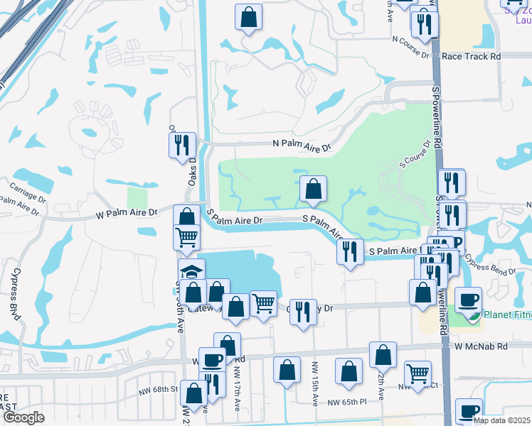 map of restaurants, bars, coffee shops, grocery stores, and more near 3310 North Palm Aire Drive in Pompano Beach