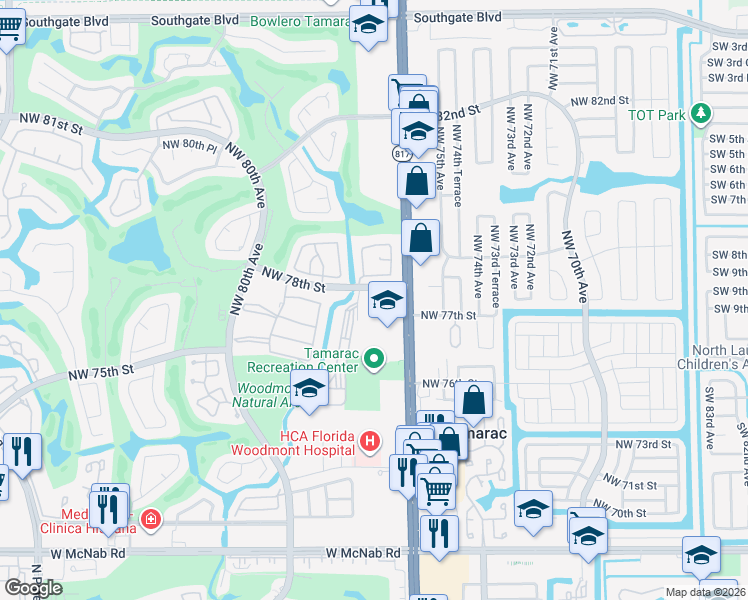 map of restaurants, bars, coffee shops, grocery stores, and more near 7770 Northwest 78th Avenue in Tamarac