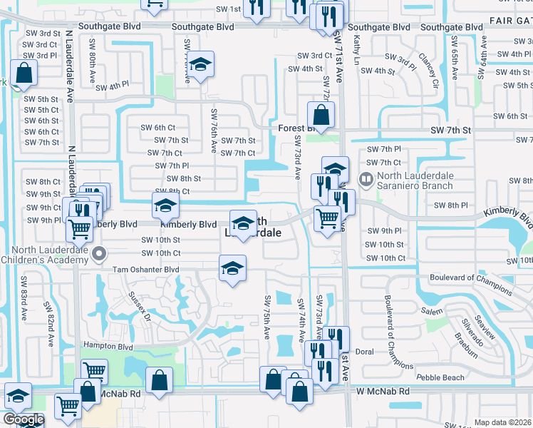map of restaurants, bars, coffee shops, grocery stores, and more near 830 Southwest 74th Terrace in North Lauderdale