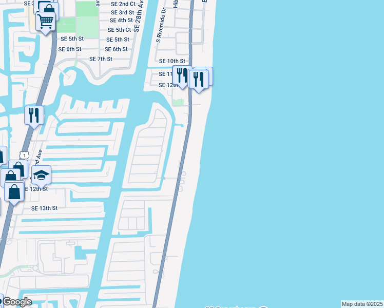 map of restaurants, bars, coffee shops, grocery stores, and more near 1370 South Ocean Boulevard in Pompano Beach