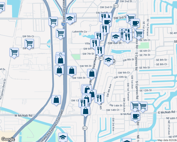 map of restaurants, bars, coffee shops, grocery stores, and more near 933 South Dixie Highway in Pompano Beach