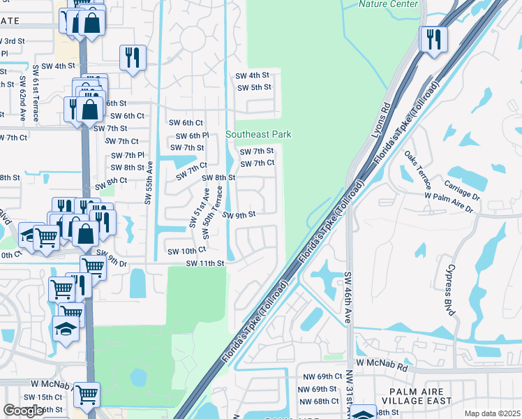 map of restaurants, bars, coffee shops, grocery stores, and more near 851 Southwest 49th Way in Margate