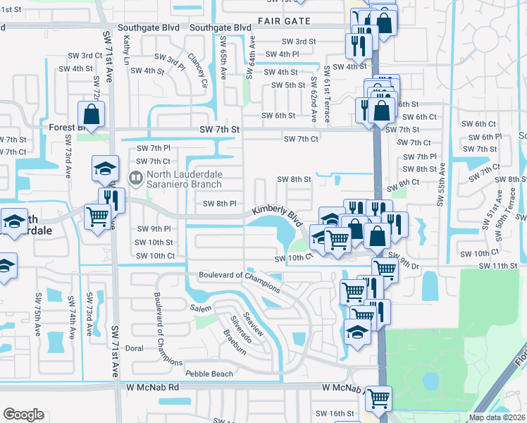 map of restaurants, bars, coffee shops, grocery stores, and more near 890 Southwest 63rd Way in North Lauderdale