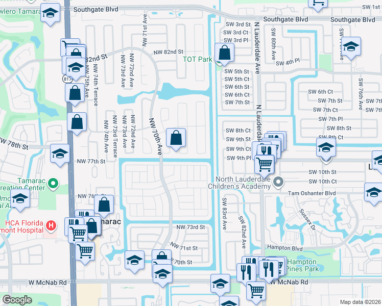 map of restaurants, bars, coffee shops, grocery stores, and more near 7804 Northwest 68th Avenue in Tamarac