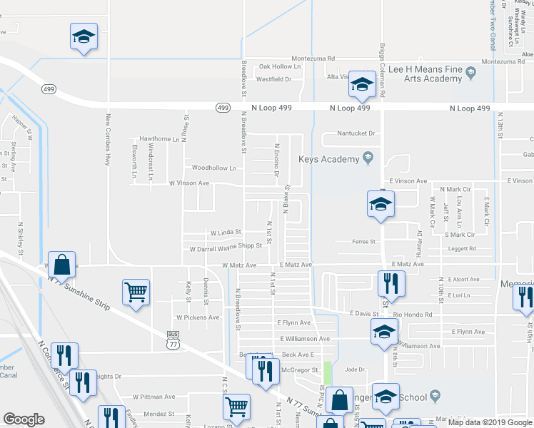 map of restaurants, bars, coffee shops, grocery stores, and more near 2605 North 1st Street in Harlingen