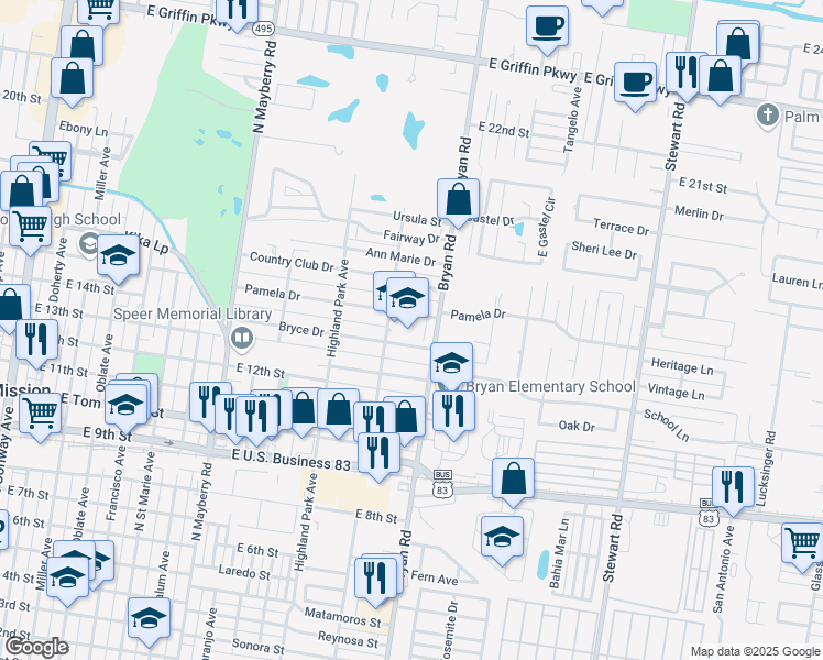 map of restaurants, bars, coffee shops, grocery stores, and more near 1201 Bryce Drive in Mission