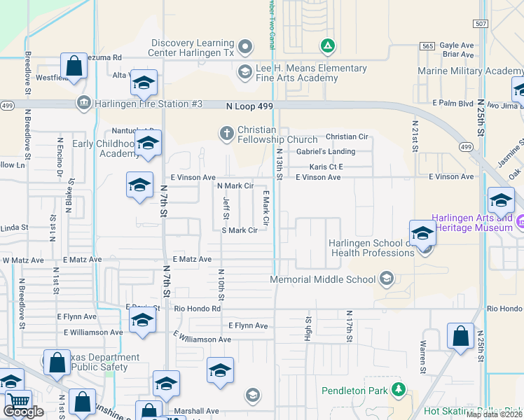 map of restaurants, bars, coffee shops, grocery stores, and more near 2618 East Mark Circle in Harlingen
