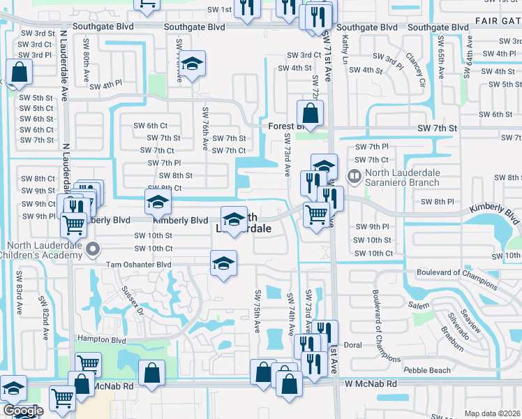 map of restaurants, bars, coffee shops, grocery stores, and more near 830 Southwest 74th Terrace in North Lauderdale