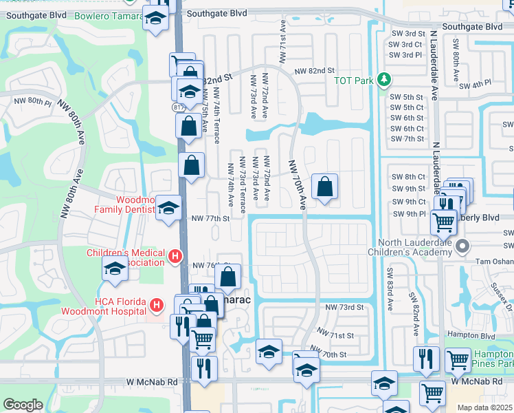 map of restaurants, bars, coffee shops, grocery stores, and more near 7790 Northwest 78th Street in Tamarac