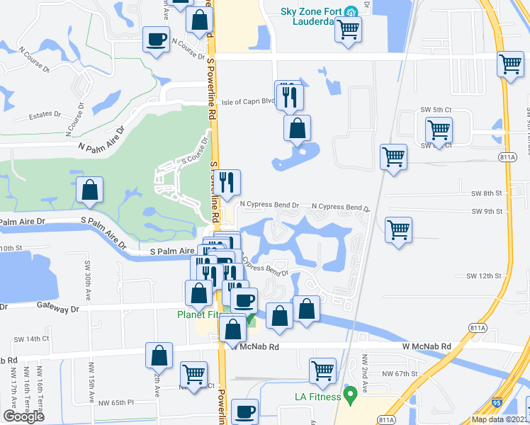 map of restaurants, bars, coffee shops, grocery stores, and more near 2240 North Cypress Bend Drive in Pompano Beach